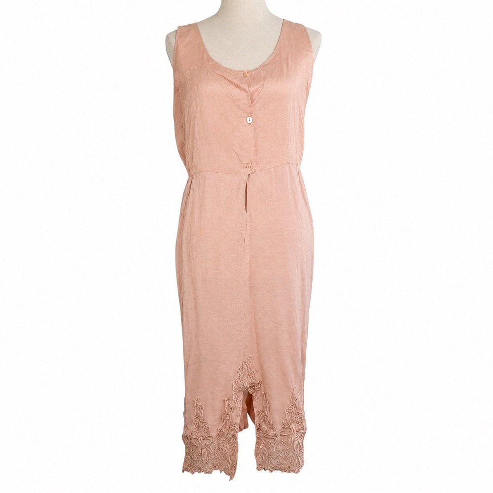 Vintage Peach Linen Blend Embroidered Lace Hem Midi Dress Sleeveless Romanti